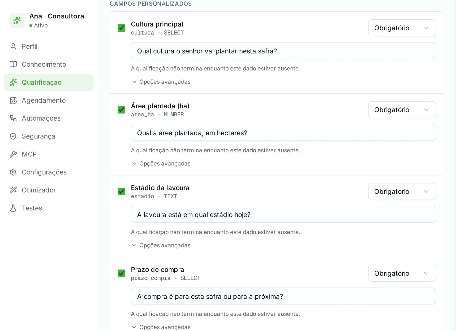 Configuração de qualificação do agente com as perguntas de cultura principal, área plantada, estádio da lavoura e prazo de compra