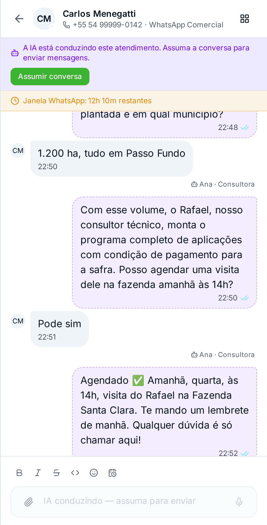 Inbox do AgroSDR com uma conversa em que o agente de IA qualifica um produtor de soja às 22h47 e agenda uma visita técnica